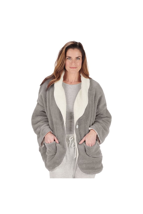 Womens Bed Jacket with Pockets, Fleece Bed Jackets - Gray, 1X