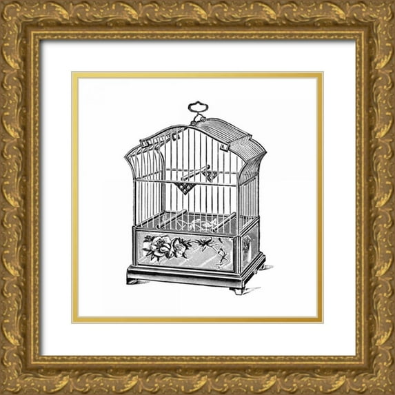Catalog Illustration 12x12 Gold Ornate Wood Framed with Double Matting Museum Art Print Titled - Etchings: Birdcage - Gable top, rose base.