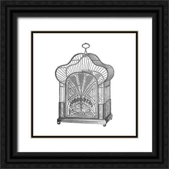 Catalog Illustration 20x20 Black Ornate Wood Framed with Double Matting Museum Art Print Titled - Etchings: Birdcage - Palmate top, forget-me-not detail.