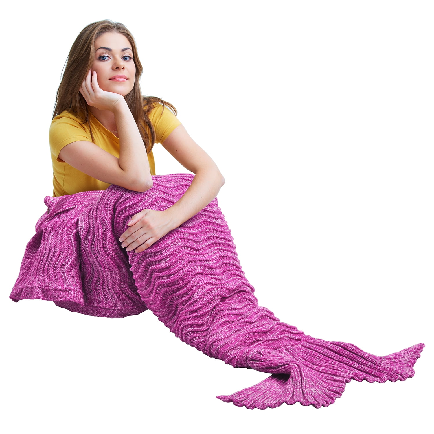 Catalonia Adult Knitted Mermaid Tail Blanket with Anti-Slip Neck Strap Soft Snuggie Throw All Seasons Sleep Bag 66.5” x