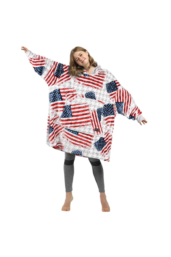 American Flag Print Blanket Hoodie Sweatshirt, Oversized Wearable Fleece Pullover with Large Front Pocket, Super Soft Warm Comfortable for Adults, Fourth of July Gift