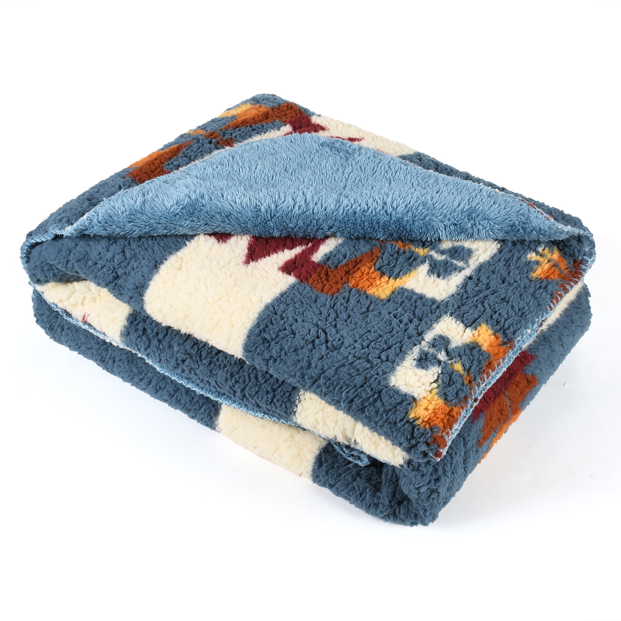 Southwestern Blue and Beige Sherpa Fleece Reversible Throw Blanket