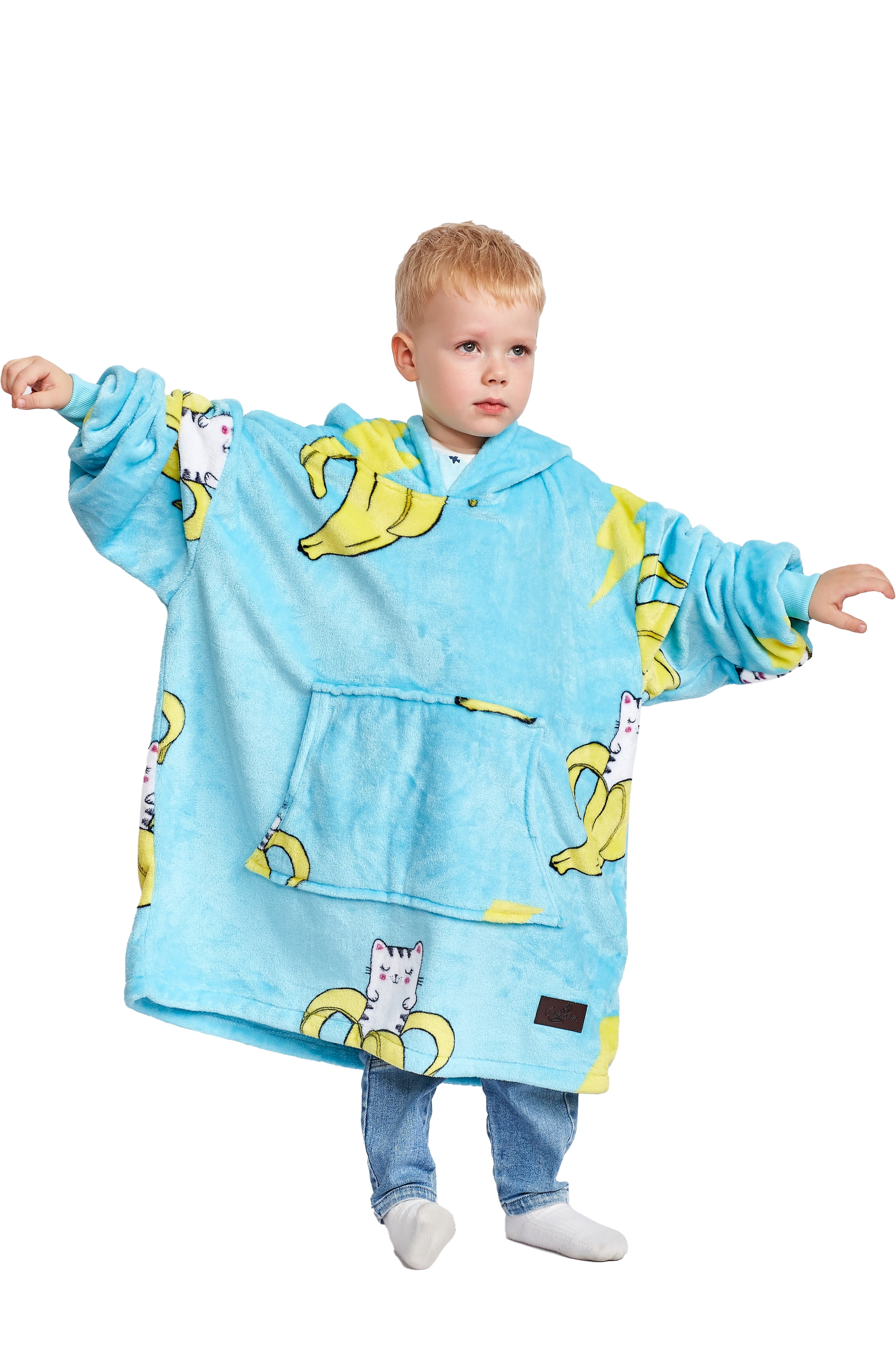 Catalonia Banana Cat Wearable Blanket Hoodie for Kids, Fleece Snuggy Sweatshirt Pullover, 4-12 Years Boy Girl Gift