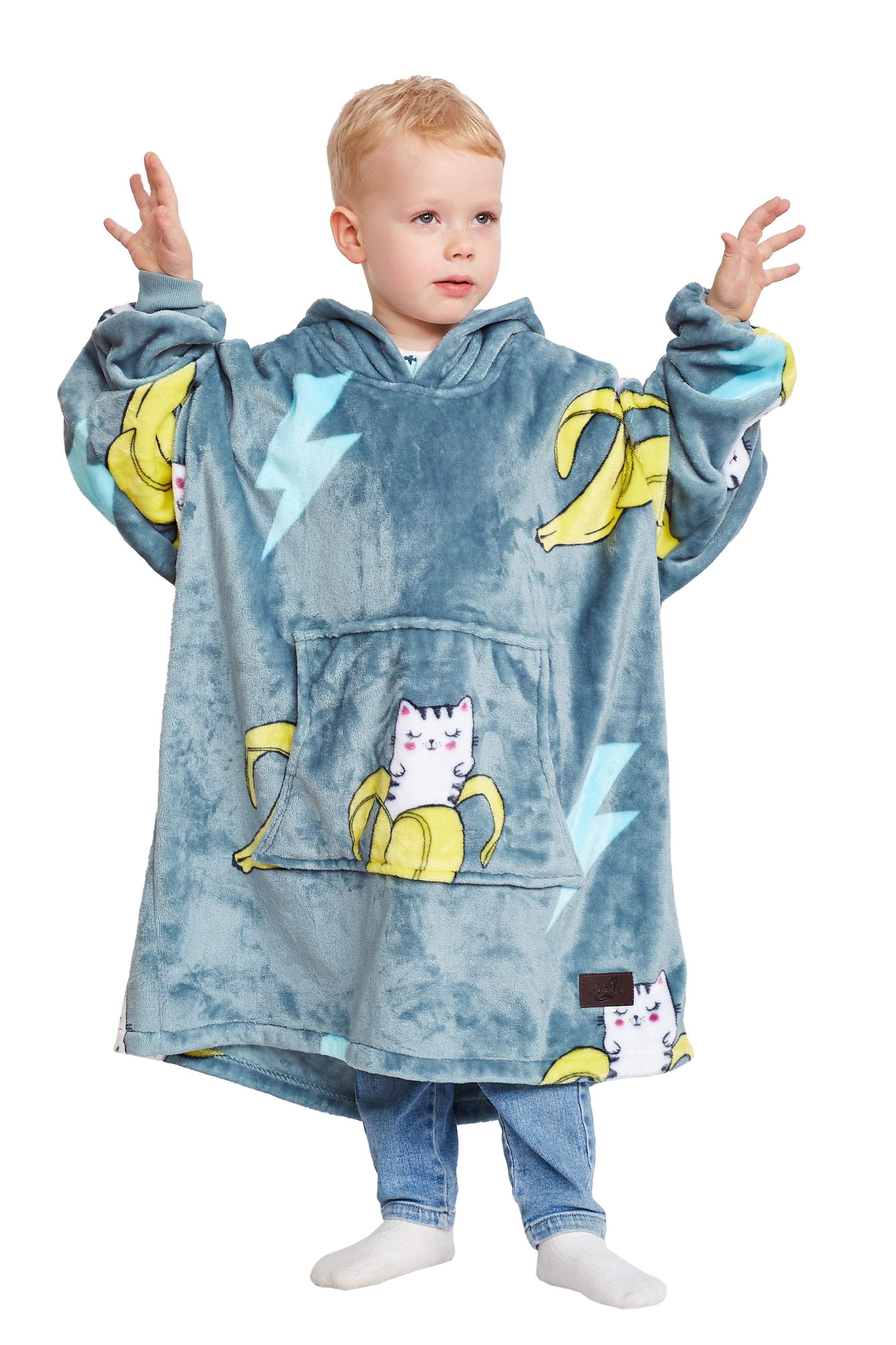 Catalonia Banana Cat Print Blanket Hoodie Sweatshirt for Kids, Oversized Wearable Fleece Snuggy Pullover , 4-12 Years Boy Girl Gift, 28 × 24 inches