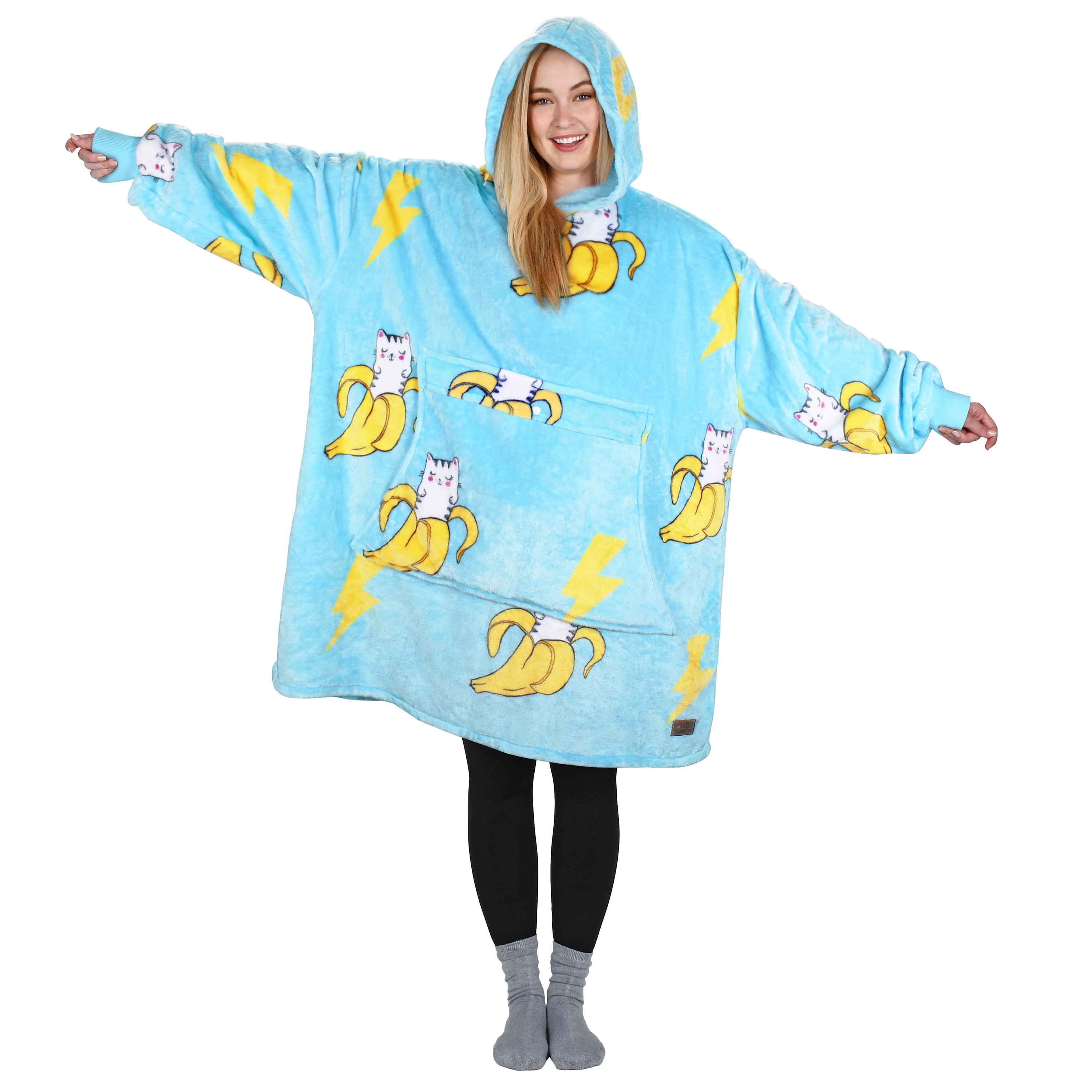 Catalonia Banana Cat Print Oversized Blanket Hoodie Sweatshirt, Wearable Fleece Pullover for Adults Men Women