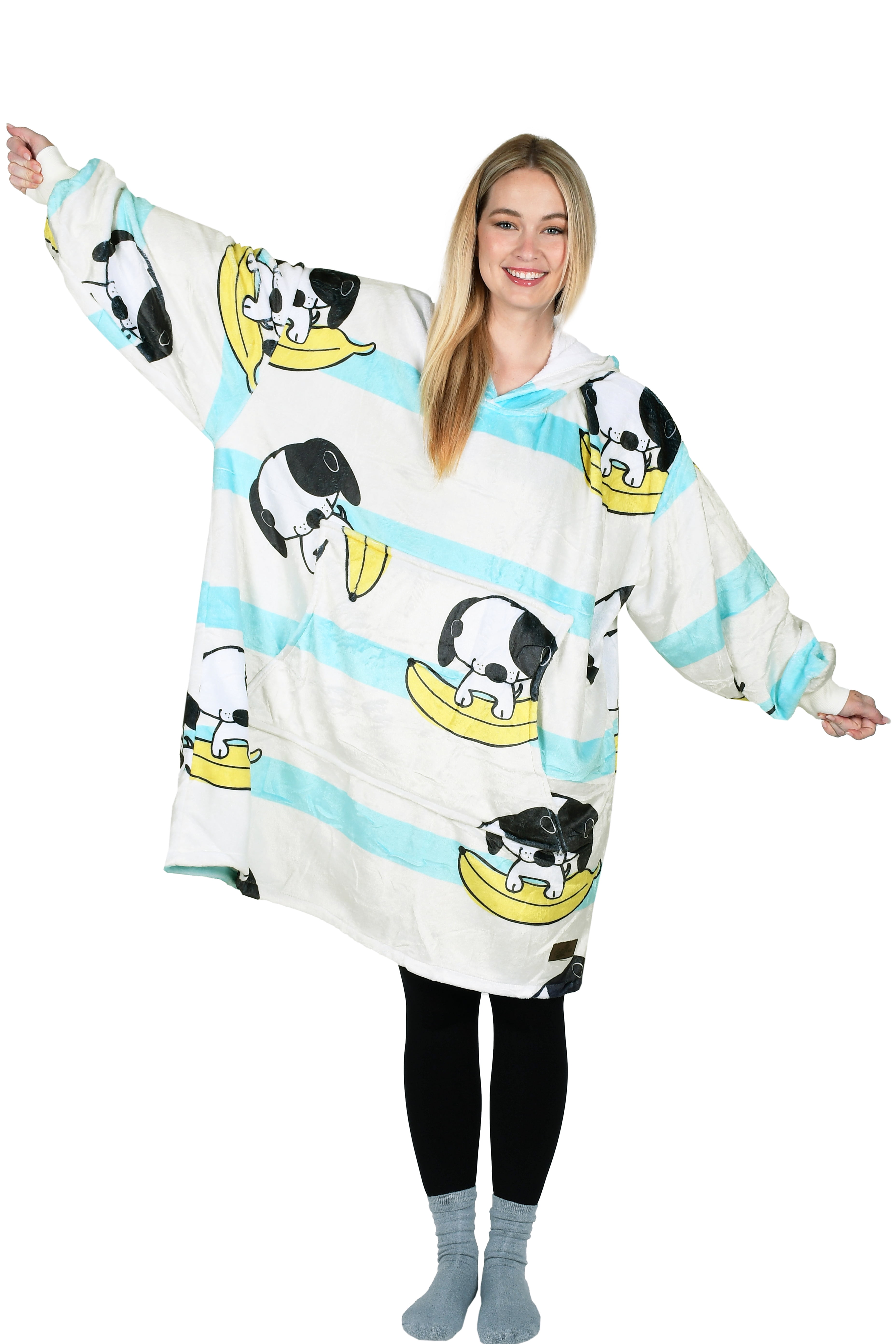 Catalonia Banana Dog Printed Oversized Blanket Hoodie Sweatshirt, Wearable Fleece Pullover for Adults Men Women