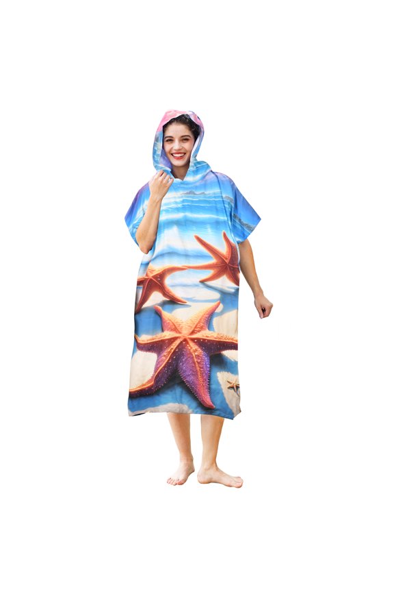 Beach Changing Towel Surf Poncho Robe,Microfiber Summer Hooded Wetsuit,Quick Dry for Surfing Swimming Bathing,Swim Cover Up Fit for Adult Men and Women,Starfish