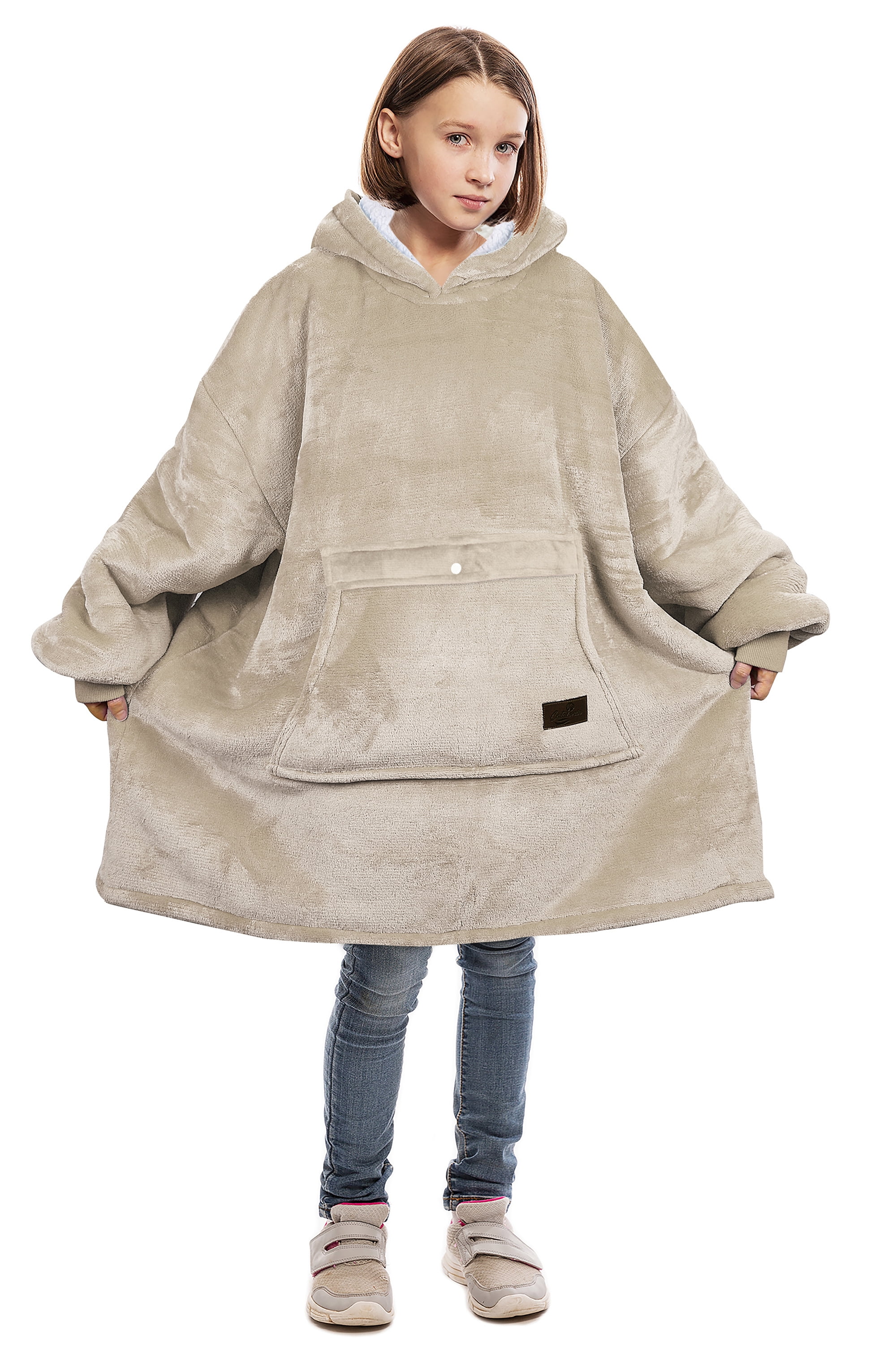 Catalonia Blanket Hoodie for Kids, Oversized Wearable Fleece Sweatshirt Pullover for 7-16 yr Teens Youth, Kids Gift Idea, Latte