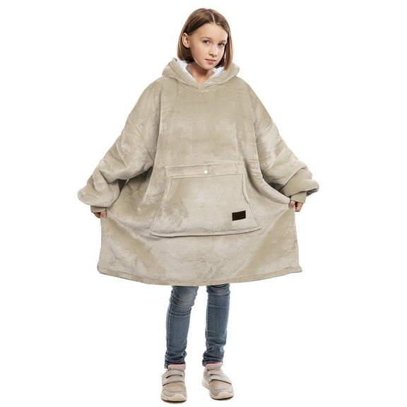 Catalonia Blanket Hoodie for Kids, Oversized Wearable Fleece Sweatshirt Pullover for 7-16 yr Teens Youth, Kids Gift Idea, Latte