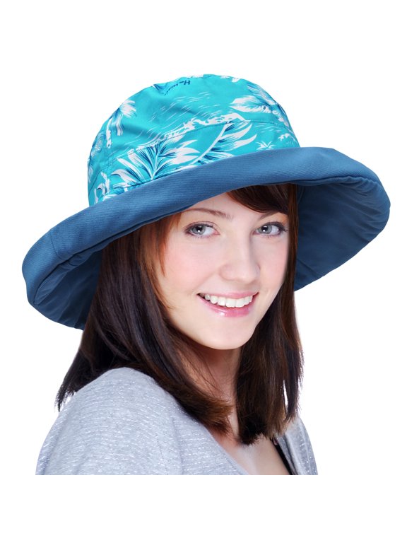 Catalonia Bucket Hat for Women Wide Brim Foldable Outdoor Travel Beach Safari Hawaii Flower Blue