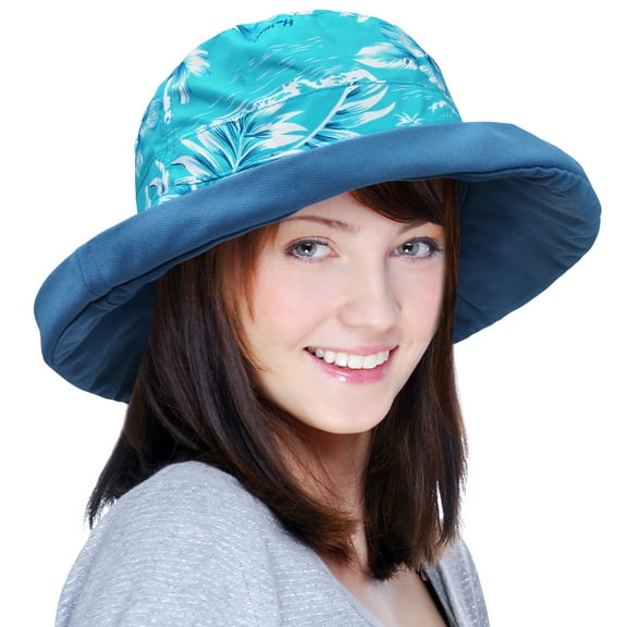 Catalonia Bucket Hat for Women Wide Brim Foldable Outdoor Travel Beach Safari Hawaii Flower Blue