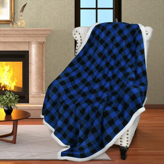 Catalonia Buffalo Plaid Sherpa Throw Blanket, Super Soft Reversible Fleece Blanket for Cabin Bed or Couch, Blue Plaid, 50"" x 60"".