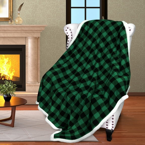 Catalonia Buffalo Plaid Sherpa Throw Blanket, Super Soft Reversible Fleece Blanket for Cabin Bed or Couch, Green Plaid, 50"" x 60"".