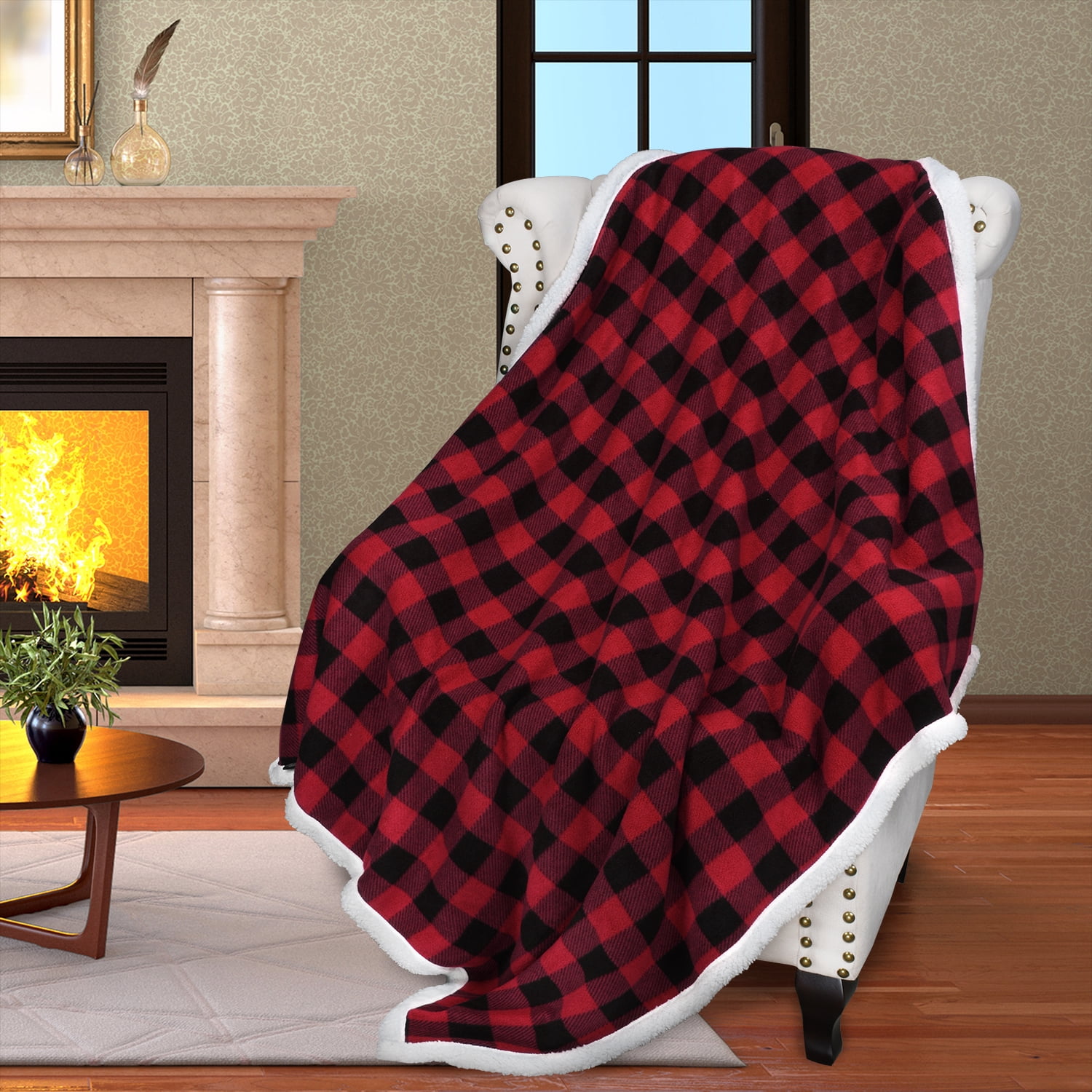 Catalonia Buffalo Plaid Sherpa Throw Blanket, Super Soft Reversible Fleece Blanket for Cabin Bed or Couch, Red Plaid, 50"" x 60"".