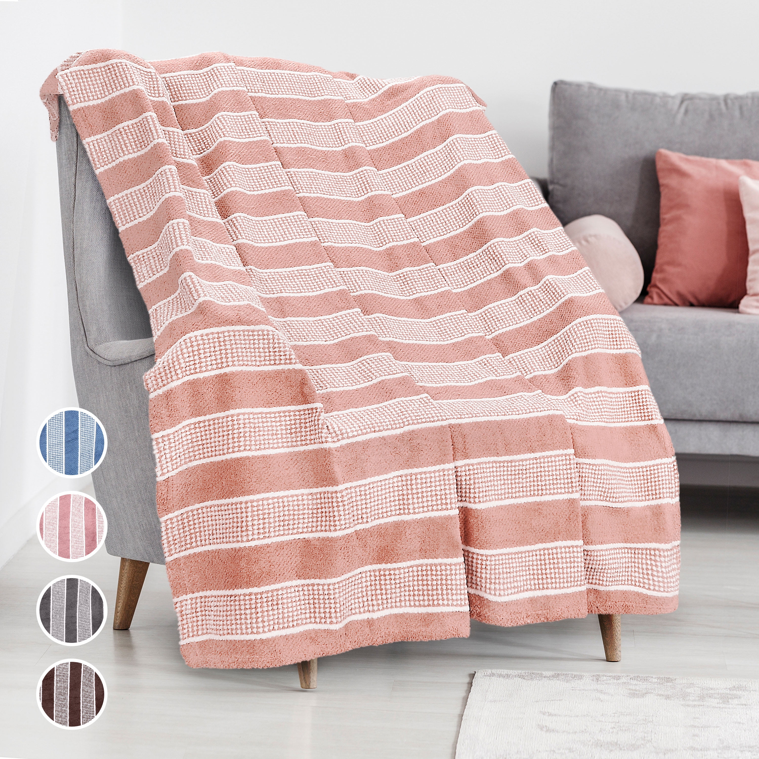 Catalonia Pink and White Striped Fleece Throw Blanket, 50x60 inches