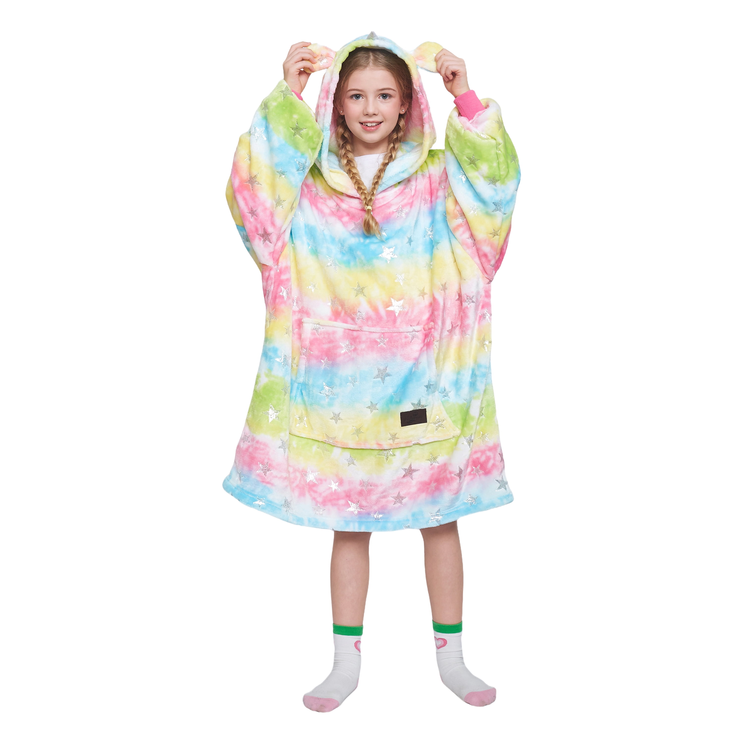 Catalonia Cow Print Blanket Hoodie for Kids, Oversized Wearable Fleece Blanket Sweatshirt with Large Front Pocket, Teen Boys Girls Cow Gift