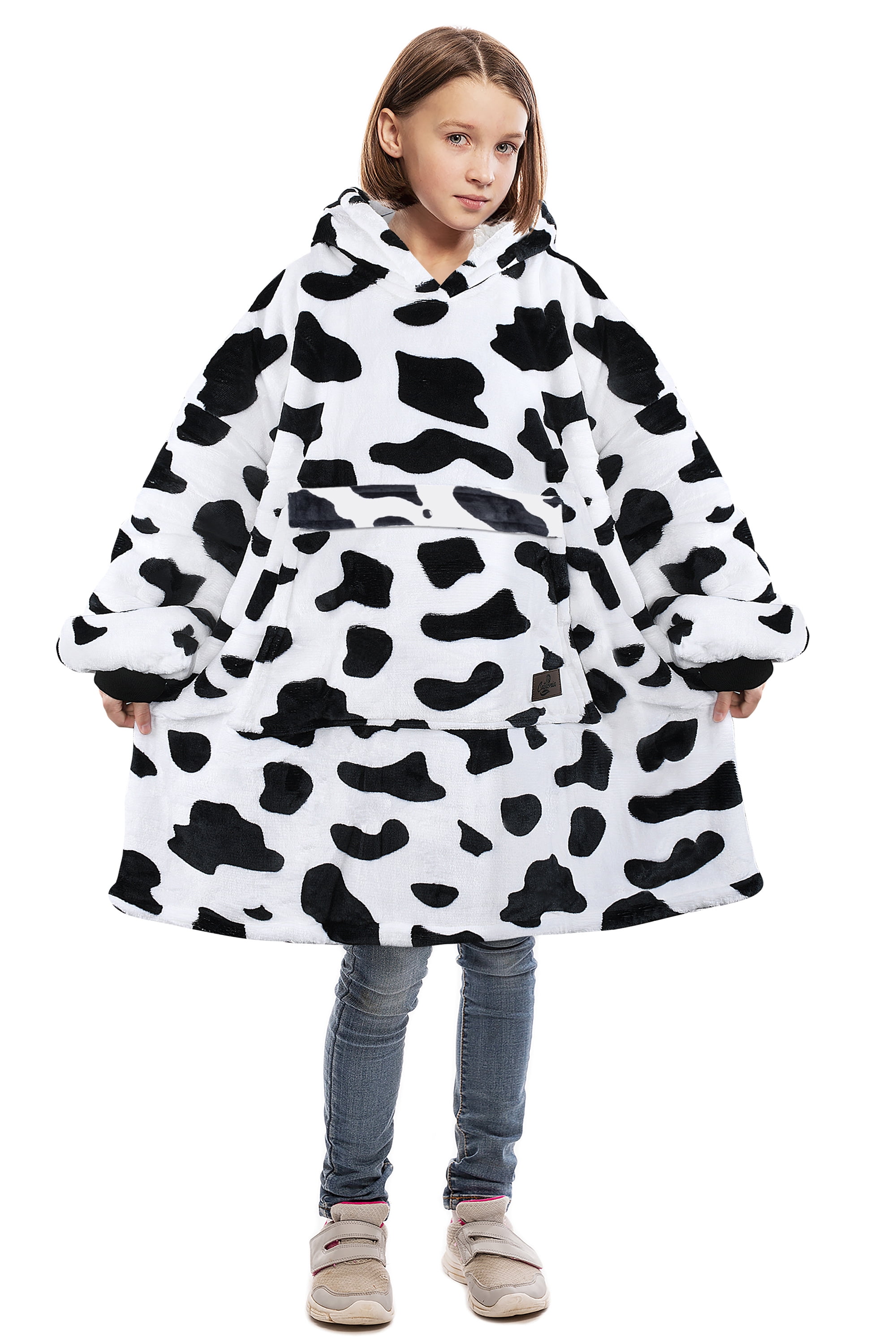Catalonia Cow Print Kid's Oversized Wearable Blanket Hoodie Sweatshirt,  Comfortable Fleece  Pullover for 7-16 yr Teens Youth, Cow Gift for Cow Lovers