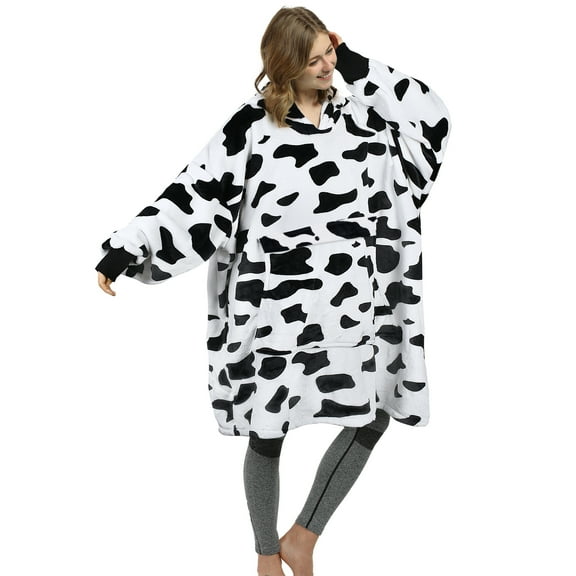 Catalonia Cow Print Oversized Blanket Hoodie Sweatshirt, Dalmatian Fleece Pullover, Super Soft Warm Comfortable for Adult Men Women