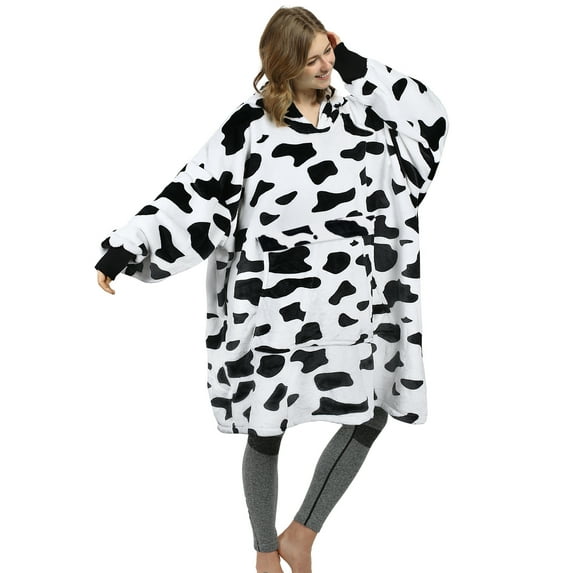 Catalonia Cow Print Oversized Blanket Hoodie Sweatshirt, Dalmatian Fleece Pullover, Super Soft Warm Comfortable for Adult Men Women