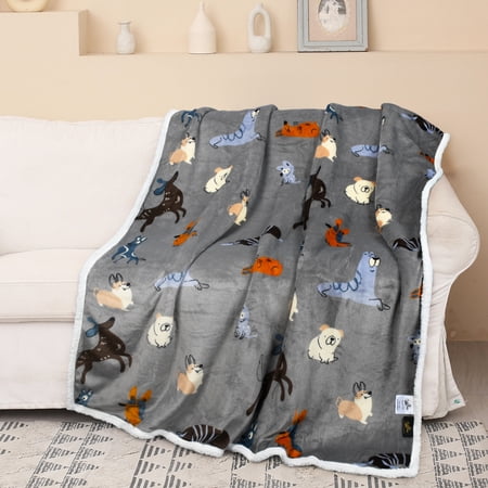 Catalonia Cow Print Sherpa Fleece Blanket, Super Soft Warm Cozy Flannel Reversible Throw Blanket for Couch Sofa Bed, Grey Dog Pattern, 50" x 60".