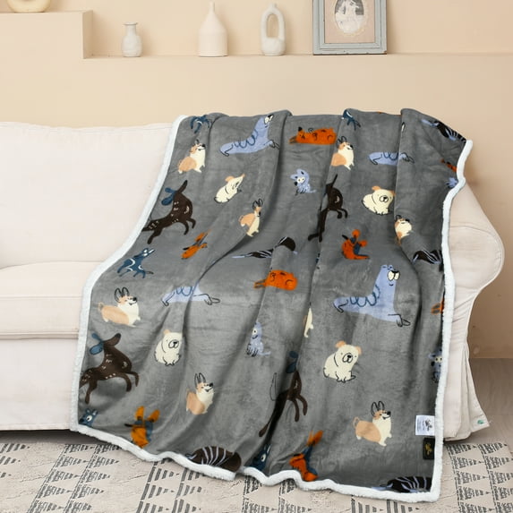 Catalonia Cow Print Sherpa Fleece Blanket, Super Soft Warm Cozy Flannel Reversible Throw Blanket for Couch Sofa Bed, Grey Dog Pattern, 50" x 60".