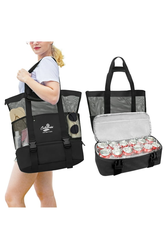 Extra Large Mesh Beach Bag with Cooler Compartment - Waterproof Sandproof Pool Bag & Mesh Beach Tote Bag for Women