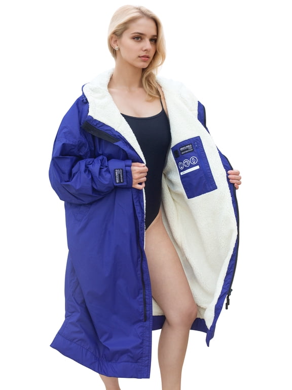 Fleece Lining Swim Parka for Men, Women, Waterproof Versatile Swim Jacket Coat,Changing Poncho Robes for Adult,Kids and Youth for Swimming, Surfing