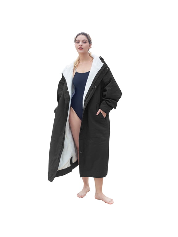 Fleece Lining Swim Parka for Men, Women, Waterproof Versatile Swim Jacket Coat,Changing Poncho Robes for Adult,Kids and Youth for Swimming, Surfing