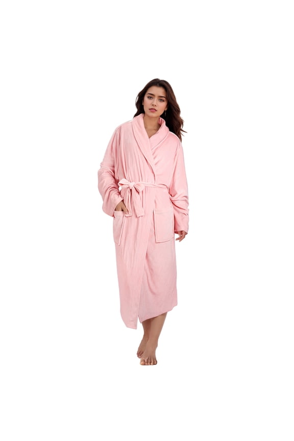 Fleece Robe For Women with Side Pockets ,Lightweight Plush Warm Bathrobe, Fluffy Fuzzy Waffle Long Robes,Shower Spa Homewear , L , Pink