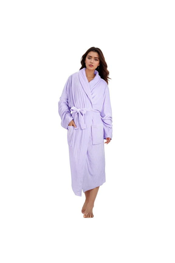Fleece Robe For Women with Side Pockets ,Lightweight Plush Warm Bathrobe, Fluffy Fuzzy Waffle Long Robes,Shower Spa Homewear , L , Purple