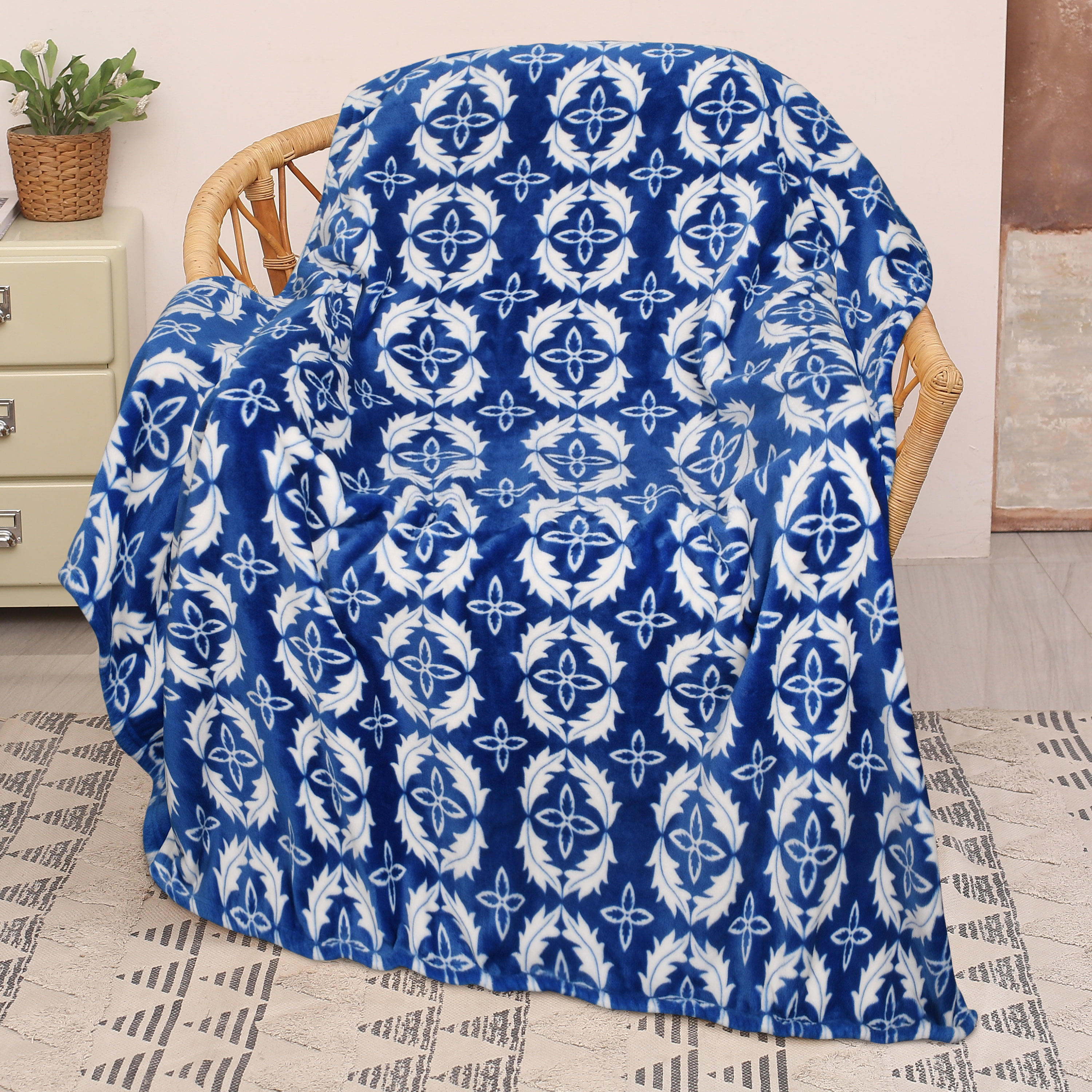 Olympia Blue Moroccan Fleece Reversible Throw Blanket, 50x60 inches