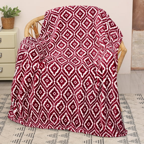 Catalonia Fleece Throw Blanket for Couch, Lightweight All Seasons Soft Cozy Moroccan Blanket for Home Living Room Decorative, 50'' x 60'', Wine