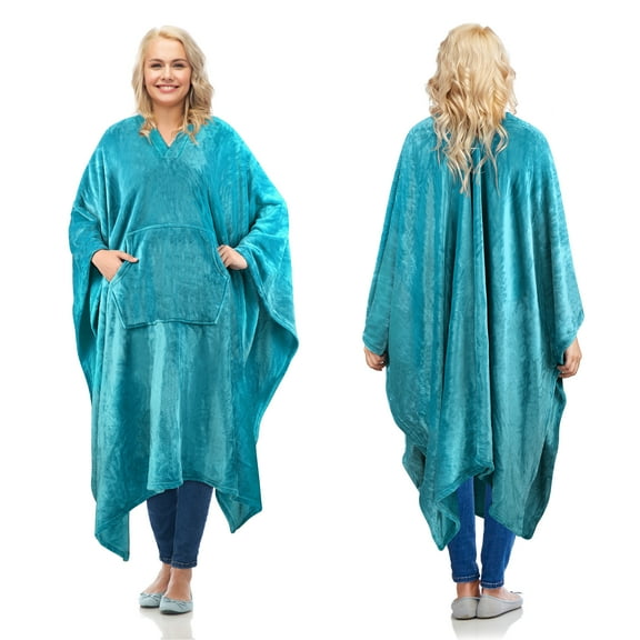 Catalonia Fleece Wearable Blanket Poncho for Adult Women Men, Wrap Blanket Cape with Pocket | Warm, Soft, Cozy, Snuggly, Comfort Gift, No Sleeves | All-Season, Aqua