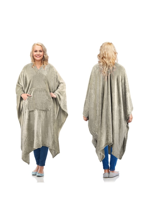 Fleece Wearable Blanket Poncho for Adult Women Men, Wrap Blanket Cape with Pocket | Warm, Soft, Cozy, Snuggly, Comfort Gift, No Sleeves | All-Season, Camel