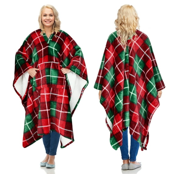 Catalonia Fleece Wearable Blanket Poncho for Adult Women Men, Wrap Blanket Cape with Pocket | Warm, Soft, Cozy, Snuggly, Comfort Gift, No Sleeves | All-Season, Gift Idea, Red Plaid