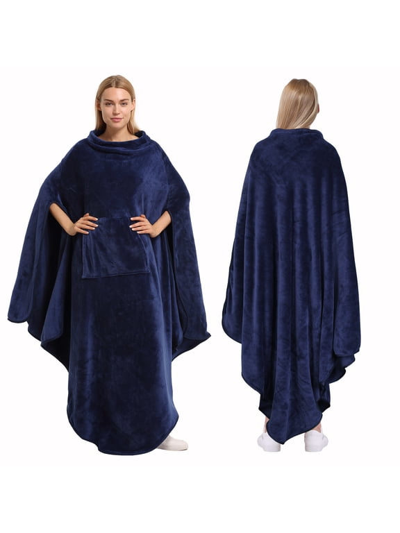 Fleece Wearable Blanket Poncho for Adult Women Men, Wrap Blanket Cape with Pocket |Warm,Soft, Cozy,Snuggly, Comfort Gift, No Sleeves|All Season, Navy