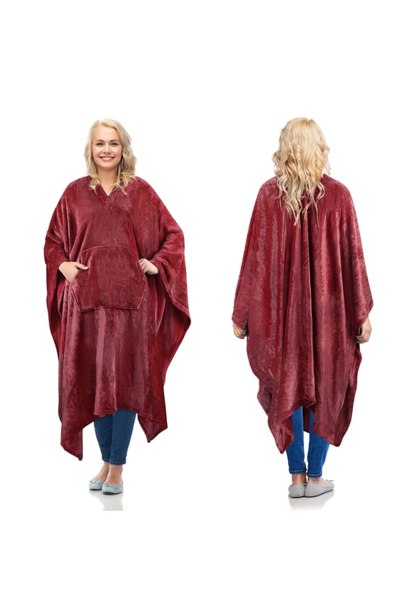 Fleece Wearable Blanket Poncho for Adult Women Men, Wrap Blanket Cape with Pocket | Warm, Soft, Cozy, Snuggly, Comfort Gift, No Sleeves | All-Season, Wine