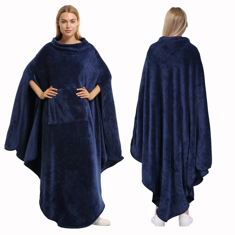 Catalonia Wearable Fleece Blanket Poncho for Adults Plush Wrap Throw Body Warm Cozy with Pocket Navy Walmart