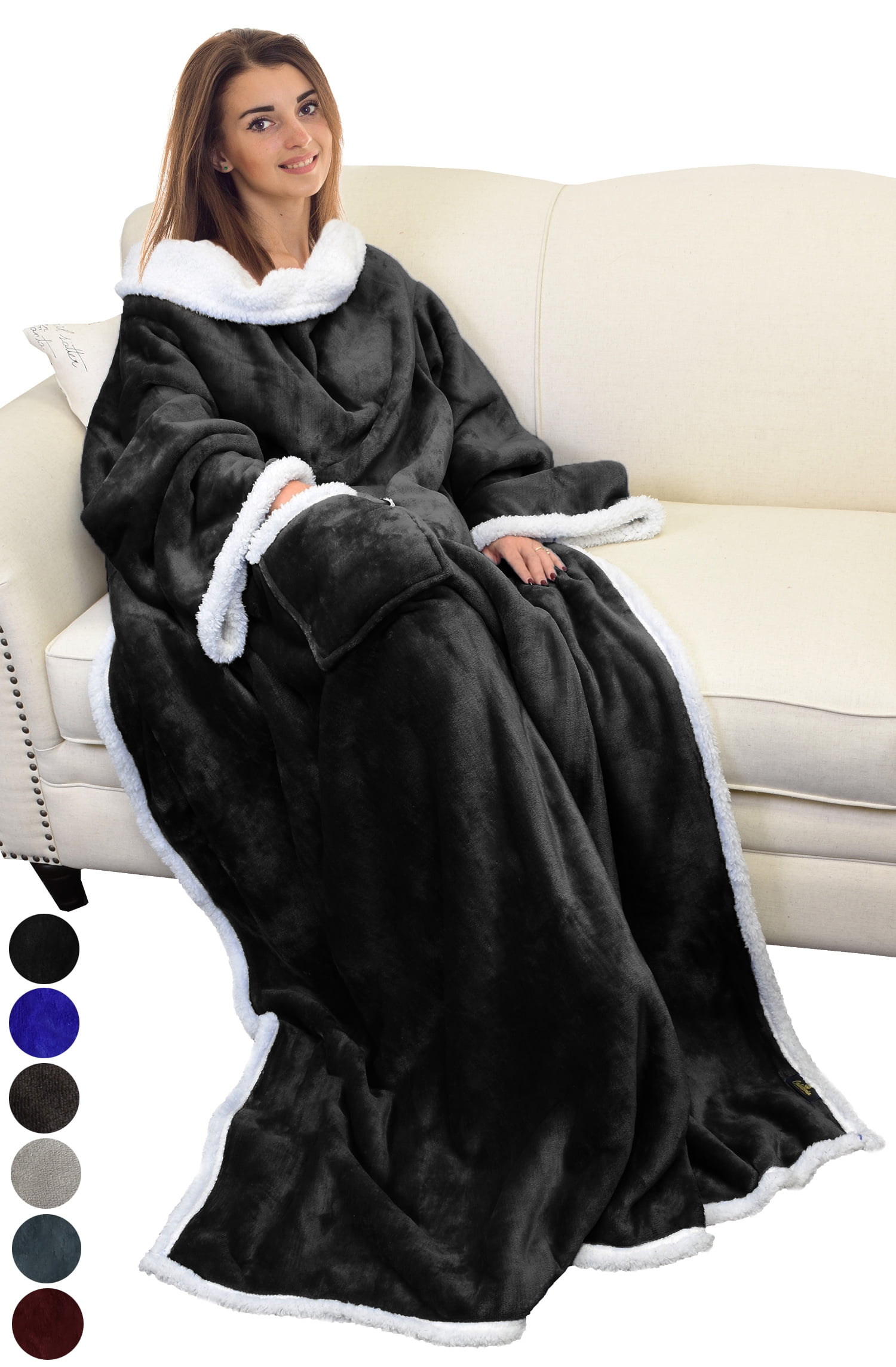 Catalonia Fleece Wearable Blanket with Sleeves and Pocket, Micro Plush Warm Sleeved TV Throw Blanket Robe for Women and Men, Black, 72'' x 55''