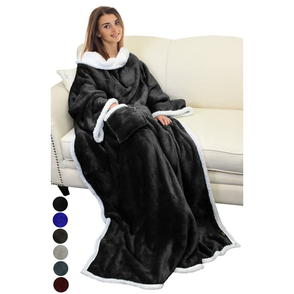 Catalonia Fleece Wearable Blanket with Sleeves and Pocket, Micro Plush Warm Sleeved TV Throw Blanket Robe for Women and Men, Black, 72'' x 55''