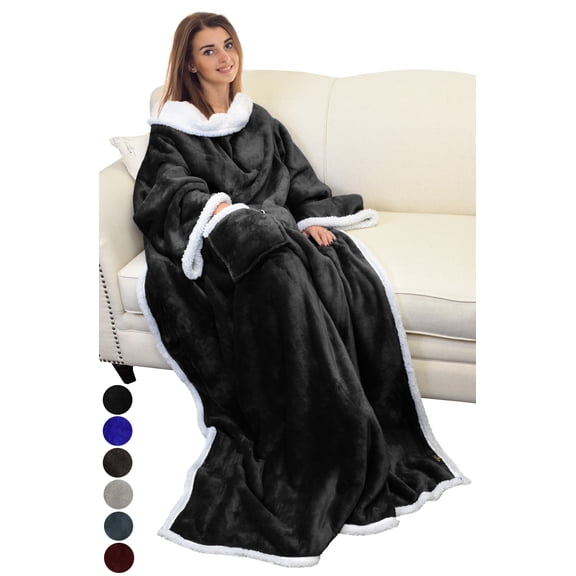 Catalonia Fleece Wearable Blanket with Sleeves and Pocket, Micro Plush Warm Sleeved TV Throw Blanket Robe for Women and Men, Black, 72'' x 55''