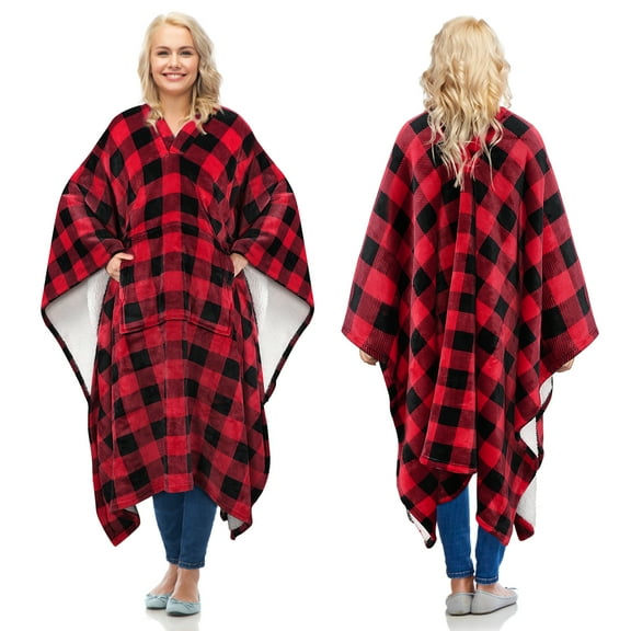 Catalonia Fleece Wearable Throws Blanket Poncho for Adult Women Men, Red Checker, 2.81 lbs