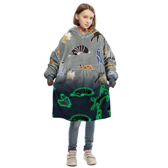 Catalonia Glow in the Dark Blanket Hoodie for Kids,  Dog Print Oversized Wearable Fleece Blanket Sweatshirt with Large Front Pocket, Teen Boys Girls Gift