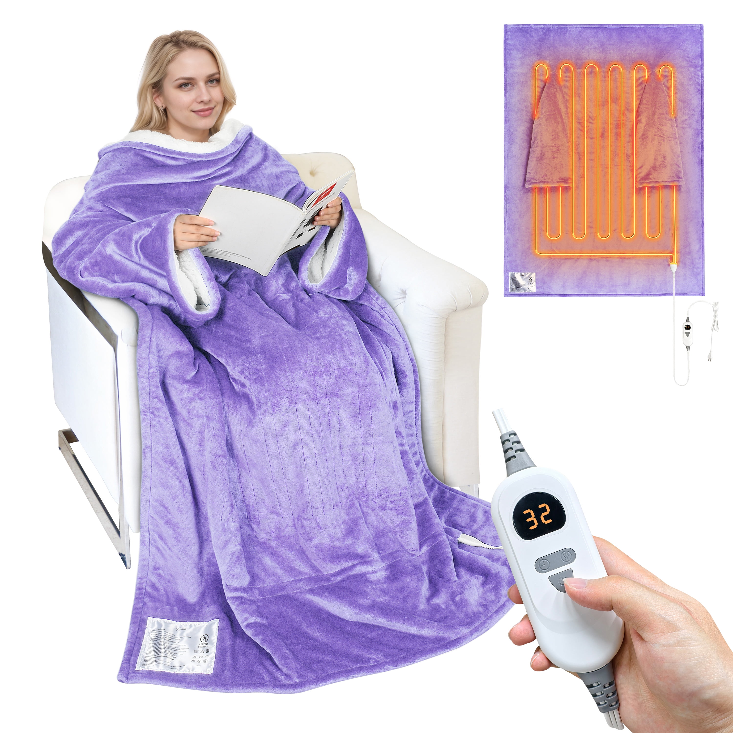 Heated Shawl Catalonia Sherpa Wearable Blanket With Sleeves \u0026 Foot Pockets  For Adult Women Men, Comfy Snuggle Wrap Sleeved Throw Blanket Robe, Gift  Idea, Grey Heated Throw Blanket, image size:3000x3000