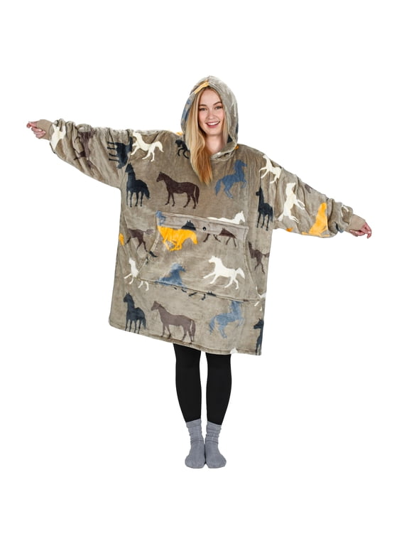 Horse Print Oversized Blanket Hoodie Sweatshirt, Wearable Fleece Pullover for Adults Men Women, Gift for Her, Horse Gifts for Women