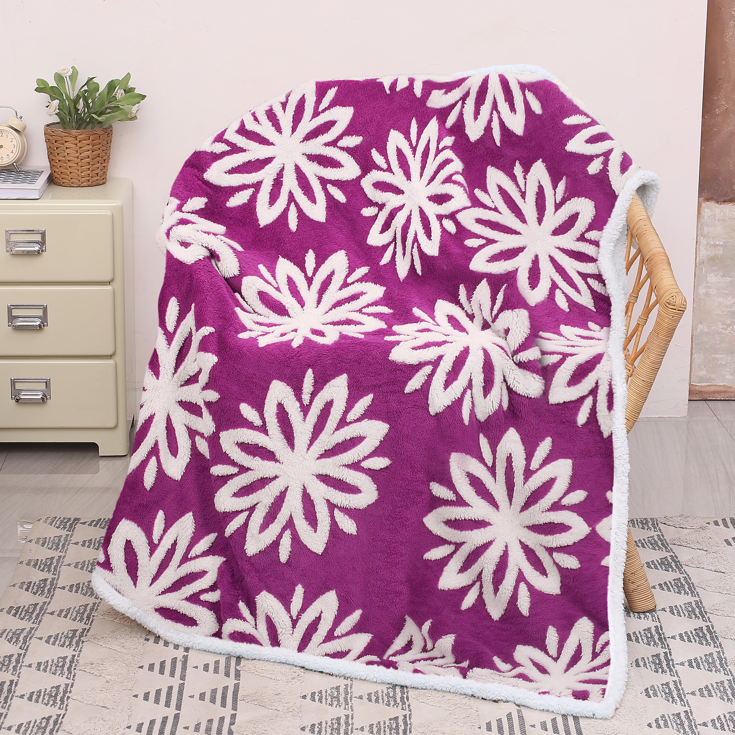 Hot Pink and White Sherpa Fleece Reversible Throw Blanket