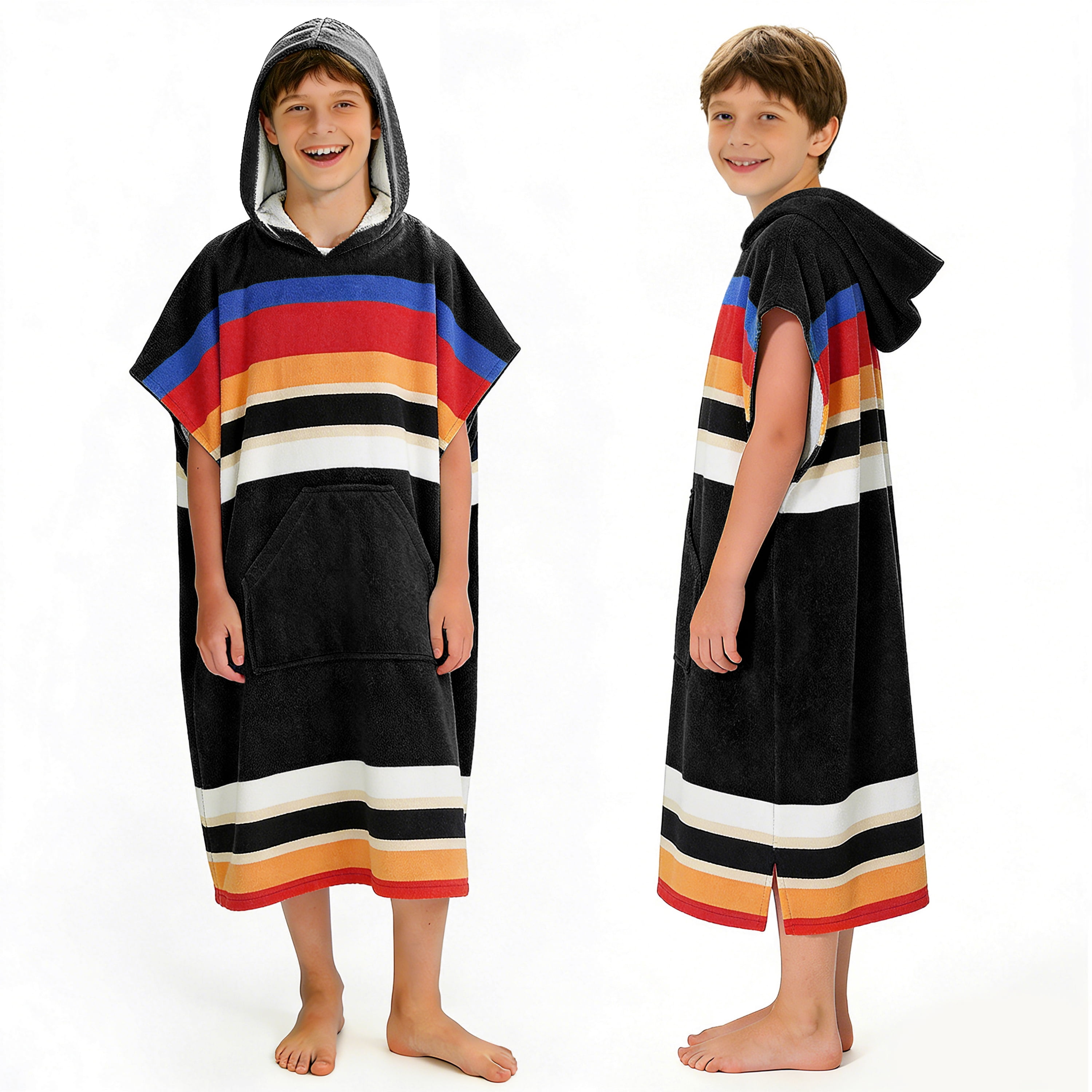 Catalonia Kids Hooded Poncho Towel, 100% Cotton Absorbent Changing Robe for the Beach, Pool, and Bath, Cute Gifts for Childrens (Boys and Girls), Black Stripe