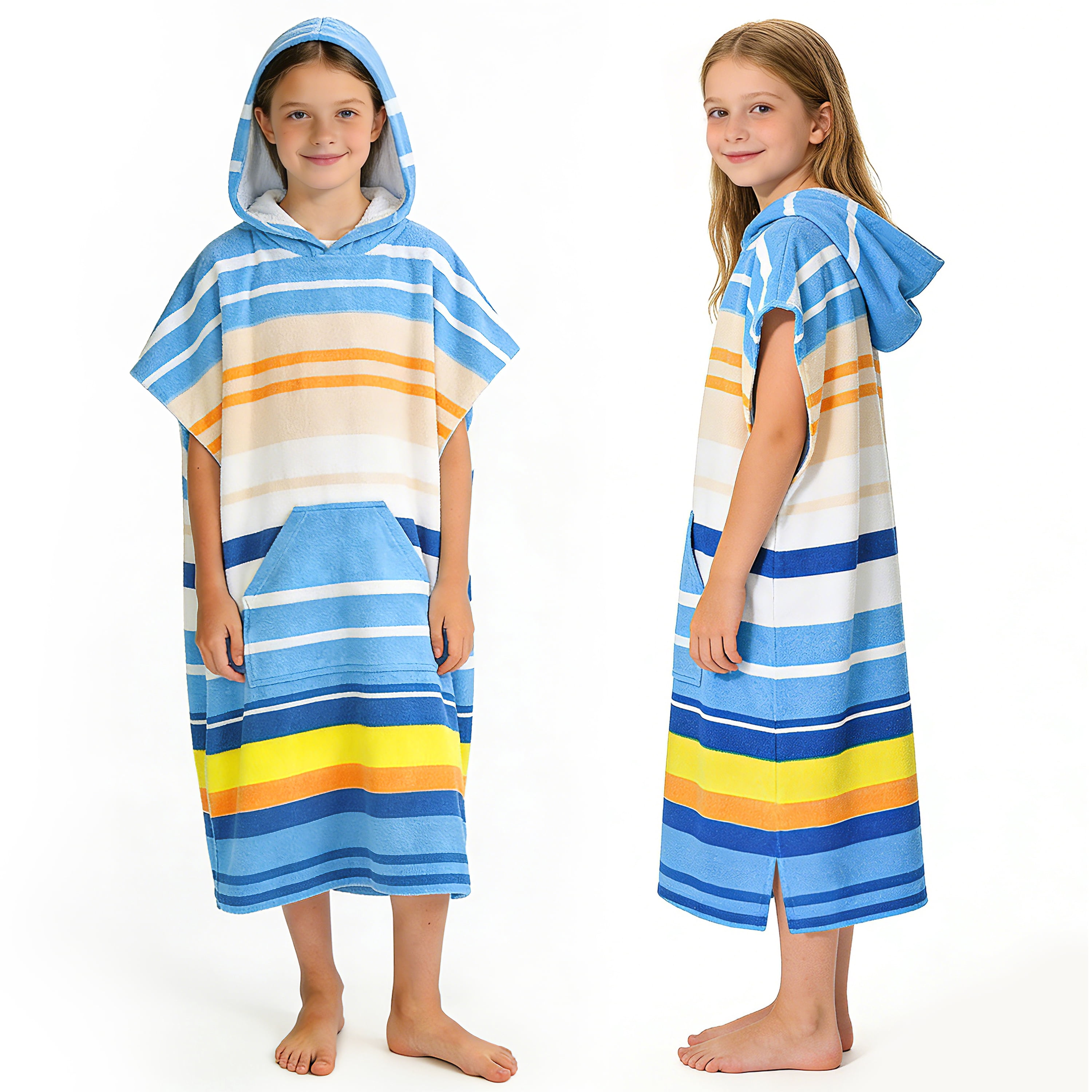 Catalonia Kids Hooded Poncho Towel, 100% Cotton Absorbent Changing Robe for the Beach, Pool, and Bath, Cute Gifts for Childrens (Boys and Girls), Blue Stripe
