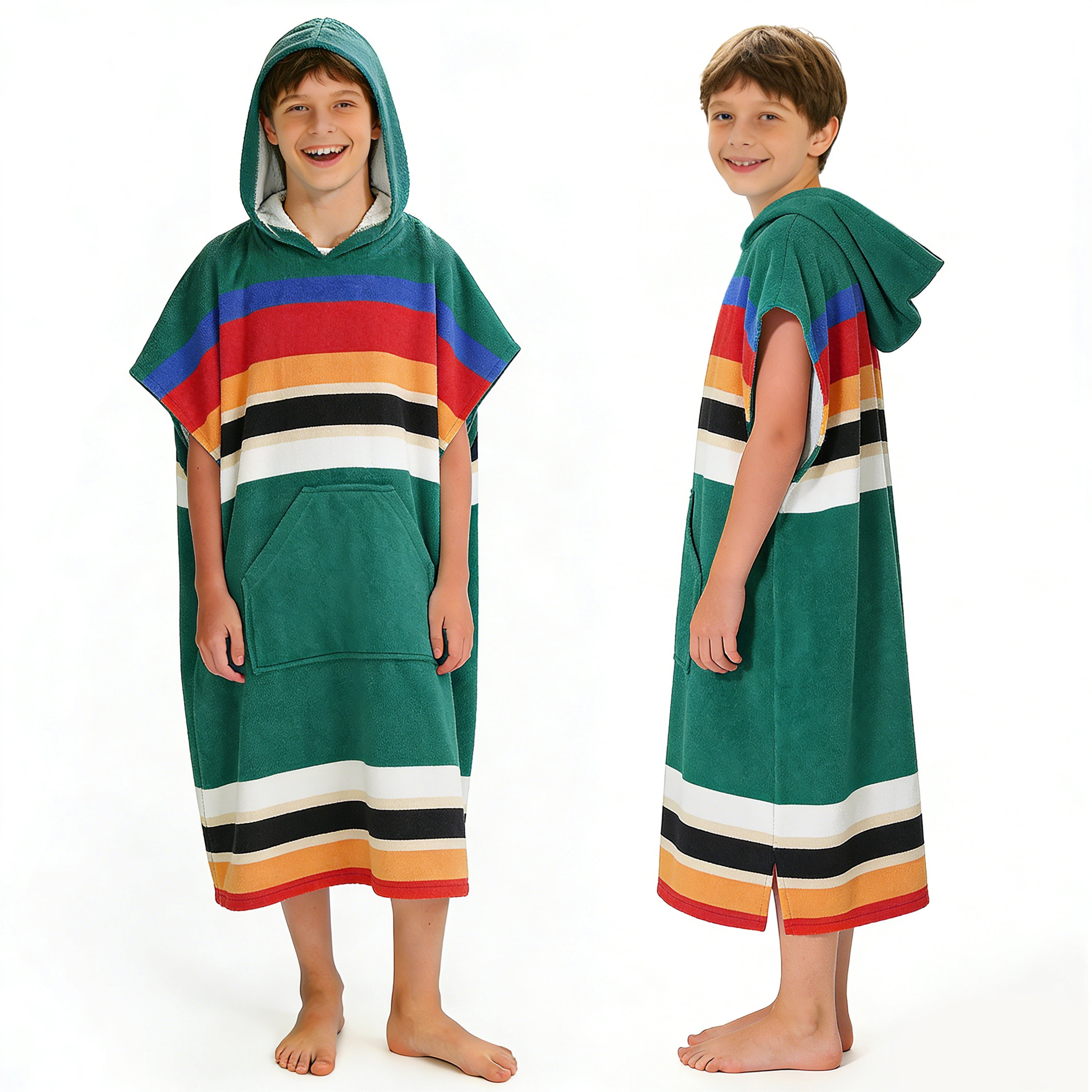 Catalonia Kids Hooded Poncho Towel, 100% Cotton Absorbent Changing Robe for the Beach, Pool, and Bath, Cute Gifts for Childrens (Boys and Girls), Green Stripe