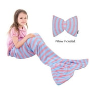 Catalonia Kids Mermaid Tail Blanket with Pillow Cushion, Super Soft Coral Plush Fleece Blanket for Teen Girls and Children, Blankets for Beds, Light Blue, 60 x 21